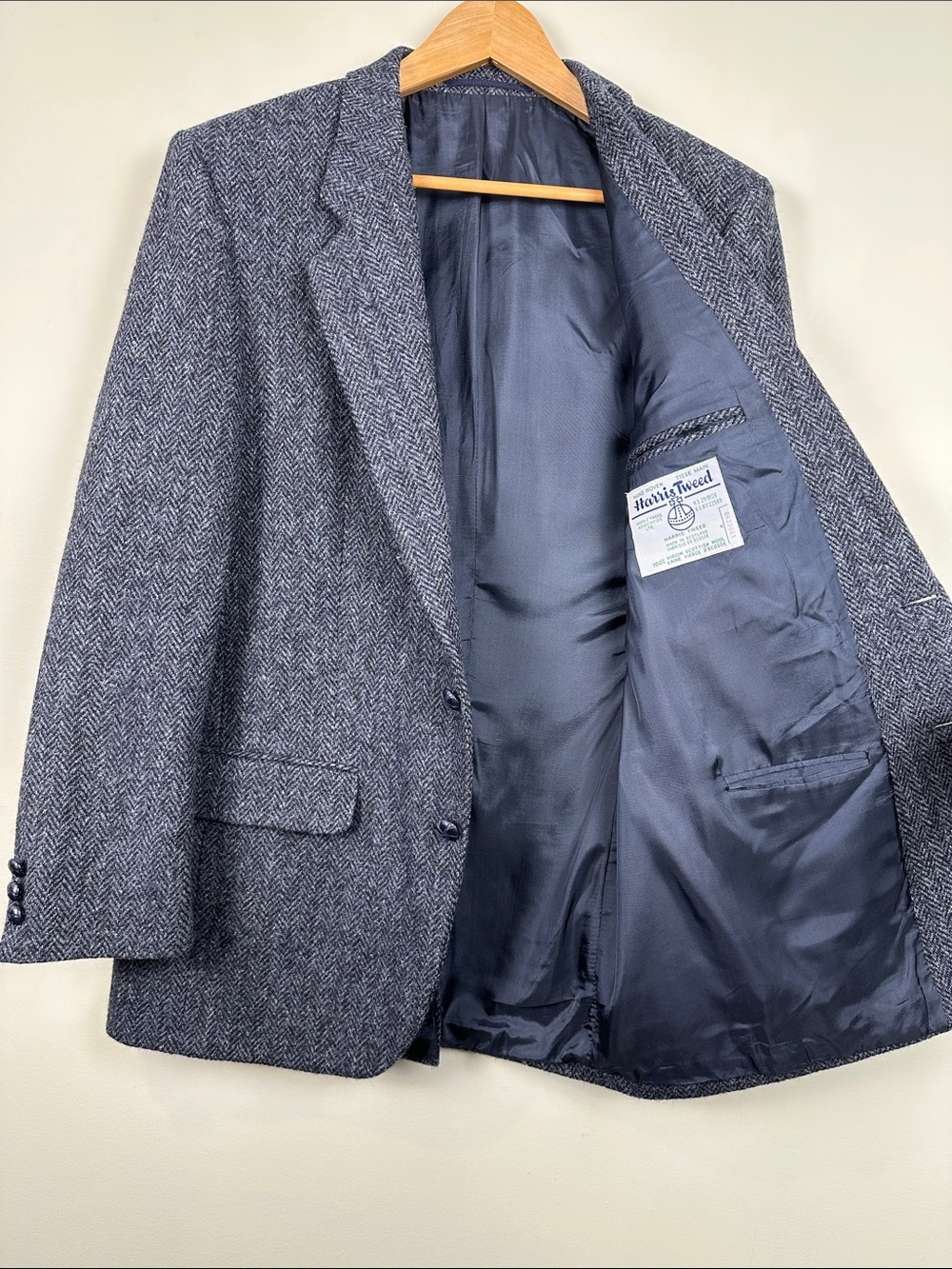Vintage Harris Tweed Men's Herringbone Sport Coat Blazer Navy Gray